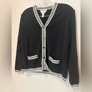 Vintage Talbots Black and White Cardigan with Checkered Trim Petite Medium